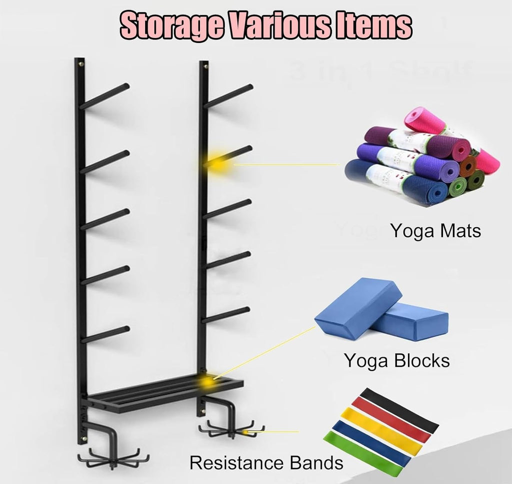 Yoga Mat Storage Rack with Shelf & Hooks