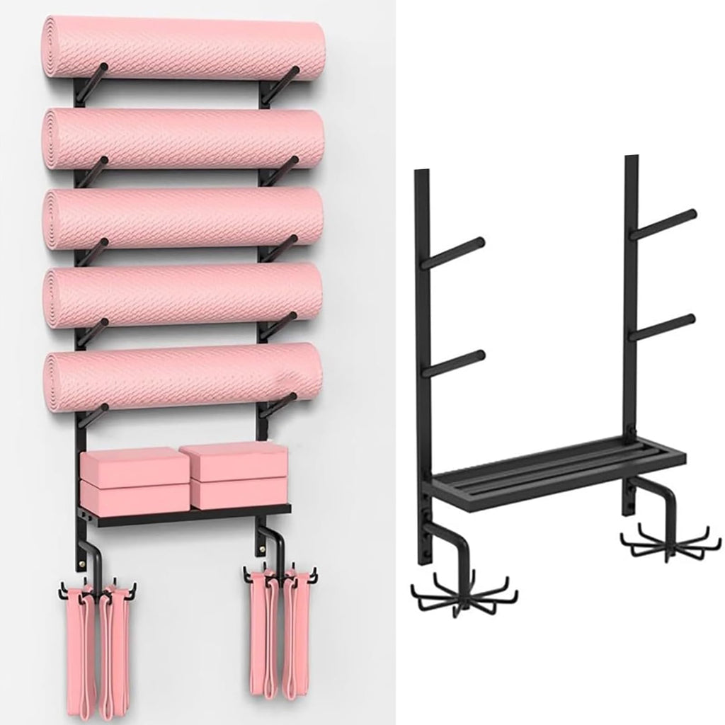 Yoga Mat Storage Rack with Shelf & Hooks