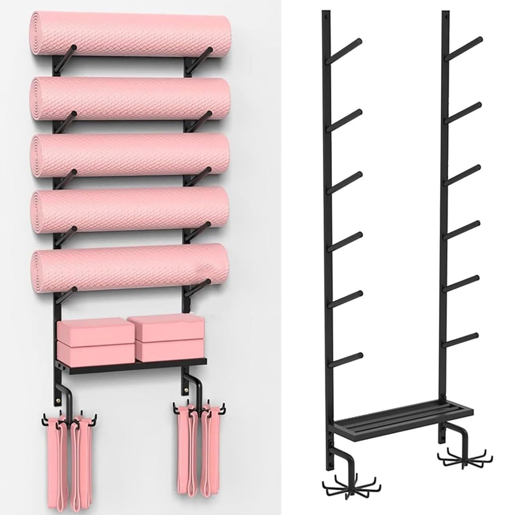 Yoga Mat Storage Rack with Shelf & Hooks