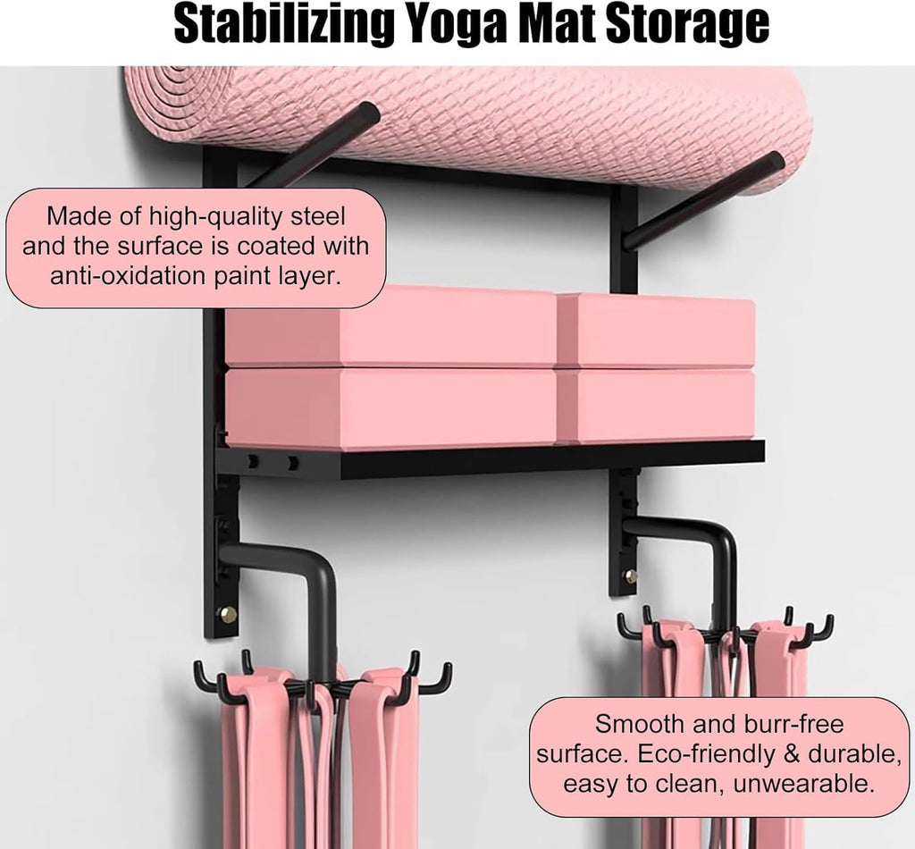 Yoga Mat Storage Rack with Shelf & Hooks