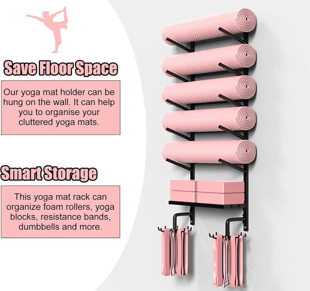 Yoga Mat Storage Rack with Shelf & Hooks